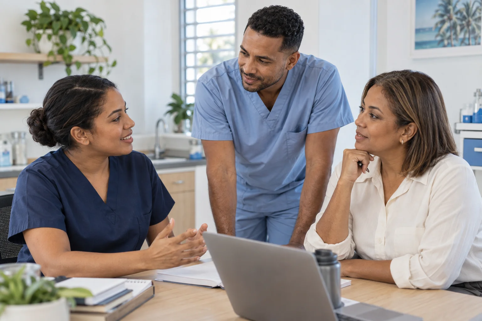 Illustrative healthcare team in conversation; AI-generated, not the actual iWellness team.